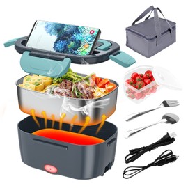 CHARMDOO Electric Lunch Box, Food Warmer Heater 12V 24V 110V, 80W Faster Heated Lunch Box for Car/Truck/Home Portable Heating Boxes with 1.5L 304 SS Container Fork & Spoon