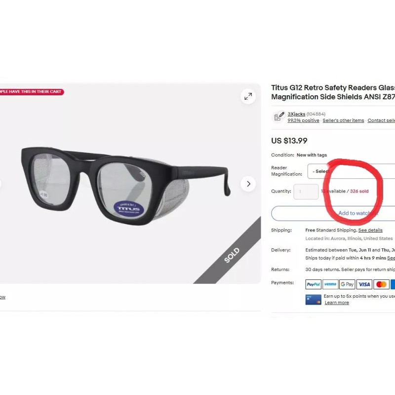 Titus Retro Safety Readers Cheaters Glasses Side Shields ANSI Z87