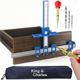 Cabinet Hardware Jig, King&Charles Cabinet Handle Jig + Automatic Hole Punch + Point Drill Bits, Use for Handles Knobs Pulls on Drawers/Doors, Wood Drilling Dowelling Guide Set.