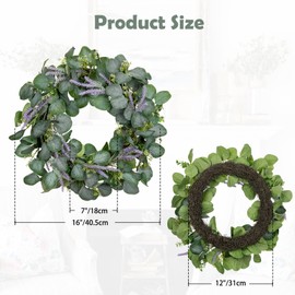 Arborus Artificial Greenery Wreath 16in Eucalyptus Door Wreath with Lavender Spring Summer All Season Eucalyptus Floral Hanging Wreaths for Home Wall Window Fireplace Farmhouse Decor
