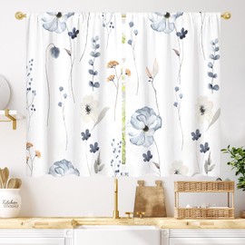 Vengaot Watercolor Floral Kitchen Curtain 27.5W X 39L Inch 2 Panel Beige Blue White Flower Minimalist Cute Plant Leaves Summer Small Short Cafe Tier Window Treatment Drapes Bathroom Curtain Home Decor