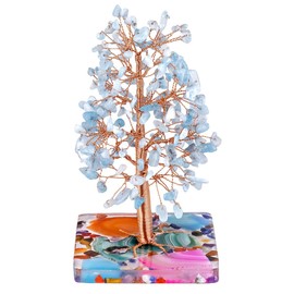 KYEYGWO Aquamarine Crystal Tree with Agate Slices Resin Base Reiki Healing Money Tree for Wealth and Luck