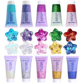 Face Body Glitter, Hair Glitter Sparkles Chunky Face Glitter Gel for Girls Makeup Singer Concerts Mermaid Festival Sequins Face Paint (White+Silver+Gold+Pink+Blue+Purple+Red+Light Blue+Green+Rose)