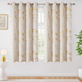 WUBODTI Marble Beige 100% Blackout Curtains 63 Inch Length 2 Panels, Gold Foil Printed Grommet Short Curtain Modern Thermal Insulated Drapes for Bedroom Bathroom Kitchen 52" W x 63" L