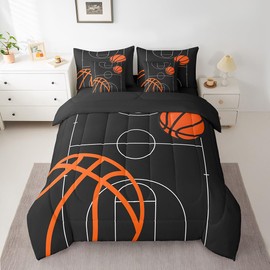 Feelyou Basketball Bedding Set Queen 7 Pieces Kids Basketball Court for Boys Girls Teens Gaming Sports Bedding Set Sports Theme Black Bed in a Bag with Comforter, Sheets, Pillowcases & Cushion Cover