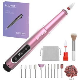 RAZOWISE Cordless Nail Drill Electric File Portable Nail Drill for Manicure Pedicure Nail Efile 5 Speeds 12 in 1 with LED Display Rechargeable Professional for Acrylic Gel Powder Nails, Pink