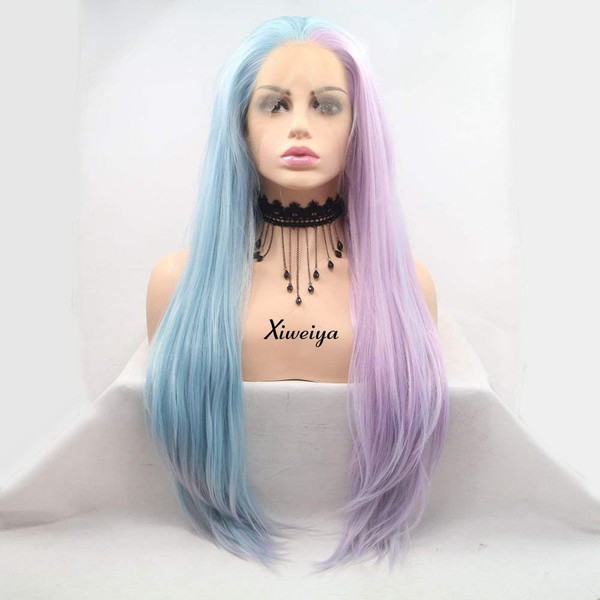 Natural Smooth Wigstyle Piano Pink to Blue Two Tone Synthetic Lace Front Wig for Women Heat Resistant Wigs