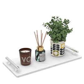 Bathroom Vanity Tray with Handle, Decorative Marble Tray for Countertop Organizer,Toilet Paper Basket Guest Towel Holder Tray for Bathroom, Cosmetic Desktop,Kitchen(Silver)