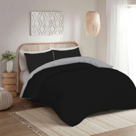 funky gadgets Double Duvet Set – Soft Brushed Microfiber Plain Dyed Duvet Cover Sets with Pillow Cases- Reversible Bedding Quilt Cover Set (Black & Grey)
