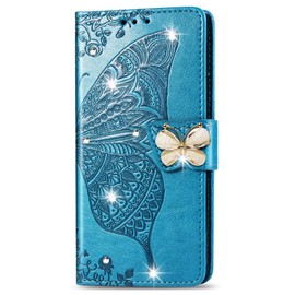 IMEIKONST Compatible with Honor 400 Pro Wallet Case with Card Slots, Diamond PU Leather Magnetic Flip Kickstand Shockproof Protection Cover for Honor 400 Pro. Crystal Butterfly Blue SD