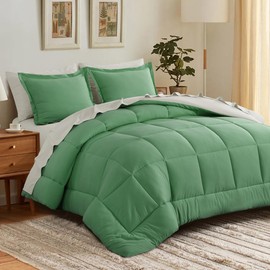 5Piece Modern Elegant Bed in a Bag Fluffy Down Comforter Twin Queen Size | All Season Reversible Box Stitched Pattern Cool Sage Green Linen Solid Color | Soft Cozy Thick Luxury Bedding Comforter Sets