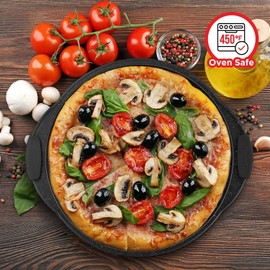 Non-Stick Pizza Pan with Silicone Handle 1 Pack, 13 Inch Round Carbon Steel Tray with Perforated Holes, Dishwasher & Oven Safe Up To 450°F, PFOAPFOSPTFE Free, Durable Nonstick Gray Coating