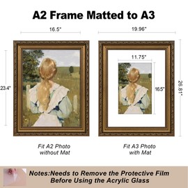 A2 Picture Frame with A3 Mat: Vintage Gold 16.5x23.4 Frames matted to 11.75x16.5, Wall Hanging Frame for Photos, Artwork, Certificates Display