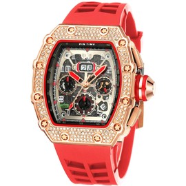 Mens Diamond Watches Luxury Tonneau Watches for Men Analog Watch Chronograph Calendar Date Men’s Dress Business Work Watch Large Rectangle Face Wristwatch with Silicon Strap (Red Rose Gold)