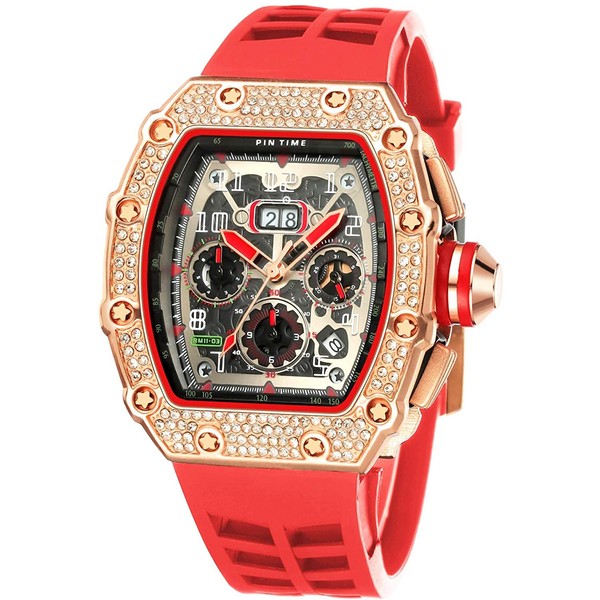Mens Diamond Watches Luxury Tonneau Watches for Men Analog Watch