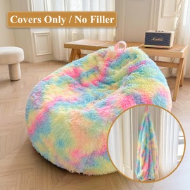 XeGe Faux Fur Comfy Bean Bag Cover for Living Room(No Filler), Tie Dye Fluffy Stuffed Animal Storage Bean Bag Chair Cover, Furry Fuzzy Big Beanbag Cover for Adult Teen Kid Girl, Anti-slip, Rainbow