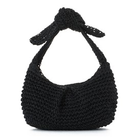 Ynport Crefreak Women's Straw Beach Bag - Summer Hobo Shoulder Bag with Bow Detail, Top Handle Handbag for Travel Holiday, black