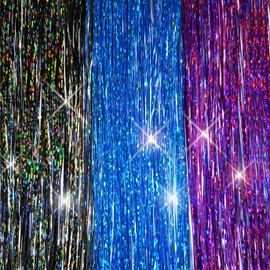40" Sparkling Hair Tinsel 300 Strands (Stellar Midnight Black, Blue Flame, Purple Orchid)