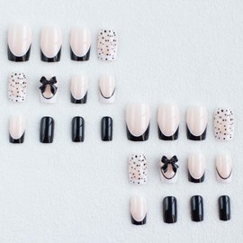 Square Press On Nails with Charms - Black French Tip Acrylic False Nails, Short Shape, Full Cover Glue On, DIY Finger Manicure