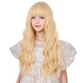 WAVELNM Kids Blonde Wig with Bangs Light Blonde Child Wig Girls Long Wavy Curly Blond Wig for Kids Synthetic Wigs with Wig Cap