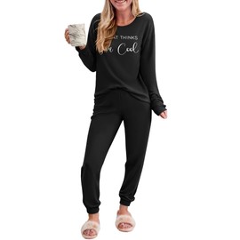 Ekouaer Womens Pajama Sets Long Sleeve Print Sleepwear Soft Pjs Casual Pullover Tops Joggers Pants with Pockets Black S