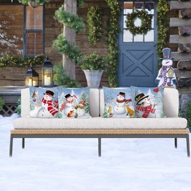 Bonhause Winter Snowman Throw Pillow Covers 18x18 Inch Snowy Pine Tree Winter Holiday Decorative Pillows for Couch Sofa Bed Home Decor Set of 4