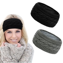 Winter Knitted Headbands for Women, 2 Pack Ear Warmers Headband Soft Lining fleece Headband Crochet Ladies Thermal knit Headband Hair Accessories for Winter Running Workout Skiing