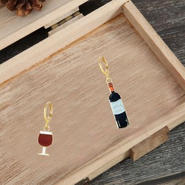 QIAOLEHUI Asymmetry Red Wine Bottle Wine Glasses Drop Dangle Earrings Enamel Alloy Fun Novelty Creative Earrings Party Holiday Jewelry (Gold C)