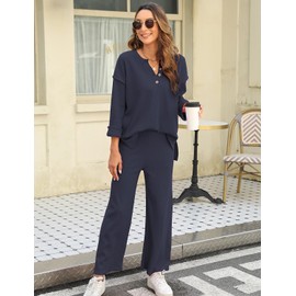 FANCYINN - Conjunto deportivo de 2 piezas para mujer, con botones, parte superior suelta y pantalones de pierna ancha, A- azul oscuro, M