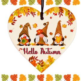 Hello Autumn Wooden Heart Hanging Plaque,Hello Autumn Wooden Heart Sign,Autumn Gifts Autumn House Decor,Printed Autumn Maple Leaves,Gnomes Wooden Cards for Thanksgiving and Autumn Decor Accessories