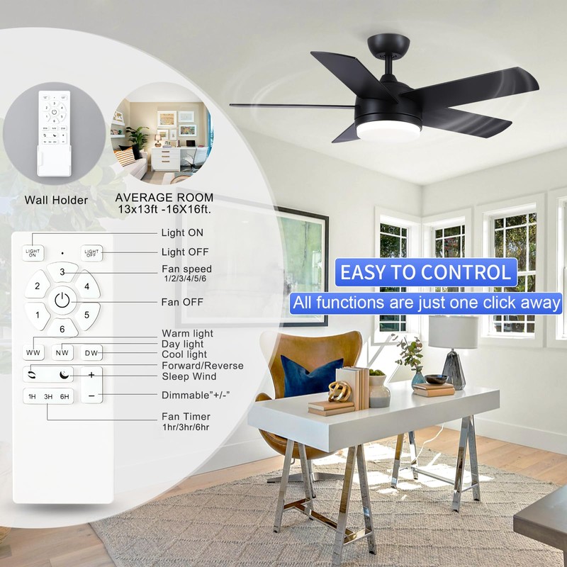 YUHAO 44 inch Black Ceiling Fan with Lights and Remote