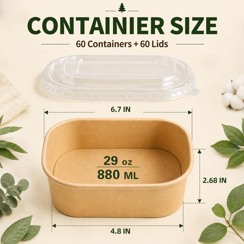 60 Pack 29OZ Disposable Meal Prep Containers, Paper Bowls With