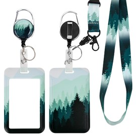 ID Case with Band, ID Badge Holder Breakaway Lanyard for, Retractable Badge Reel, Removable Name Plate Clips, Neck Lanyard Strap, Teacher Office Gifts (Forest)