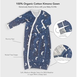Cambria Baby 100% Organic Kimono Gowns. Side Snaps with Built in Mitts. (Blue Moon and Elephant, 0-6 Months), Boy