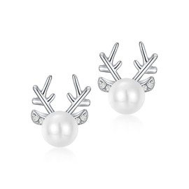 WES Pearl earrings for women, Stud 925 Sterling Silver Earrings Deer Jewelry for Winter Christmas Gift