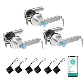 BIWIBON Fingerprint Door Lock, 5 in 1 Smart Door Knob with Smart APP/Fingerprint/IC Cards/Password/Backup Keys, Finger Print Door Knob with Keypad for Bedroom, Office, Apartment, Silver, 3 Pack
