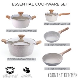 Country Kitchen Non-Stick Cast Aluminum Cookware Set - Durable Kitchen Cookware for Everyday Cooking, Speckled Cream, 8 Pc.