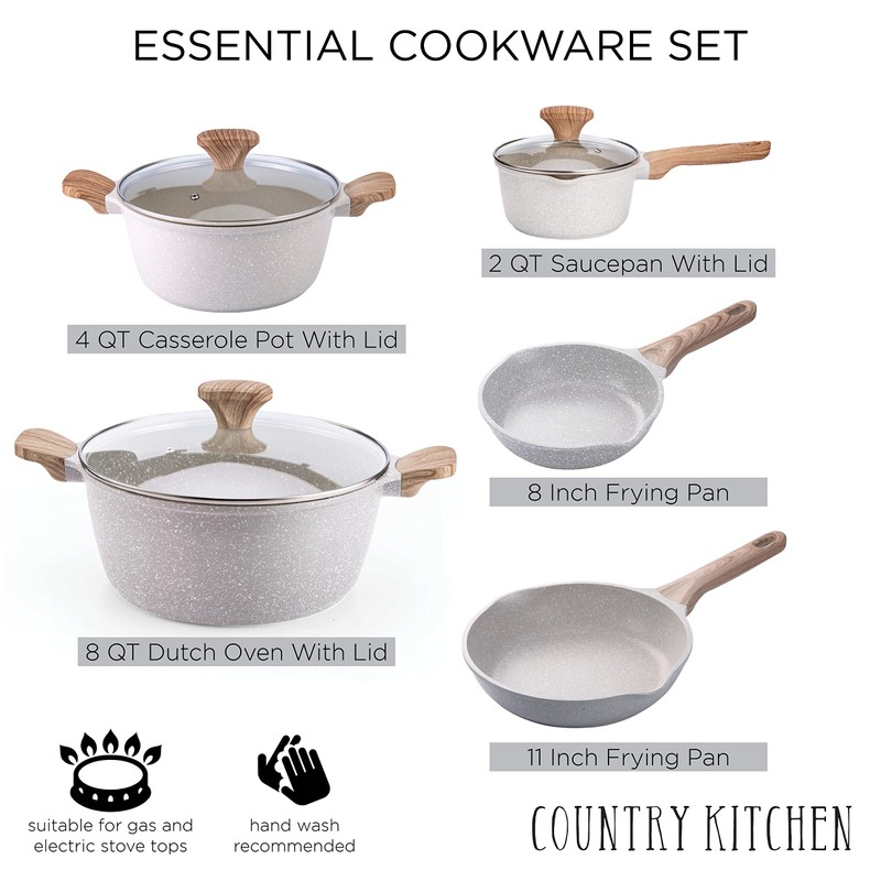 Country Kitchen Non-Stick Cast Aluminum Cookware Set - Durable Kitchen