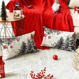 AVOIN colorlife Christmas Trees Red Balls Star Throw Pillow Covers, 12 x 20 Inch Seasonal Winter Holiday Cushion Case Decoration for Sofa Couch Set of 2