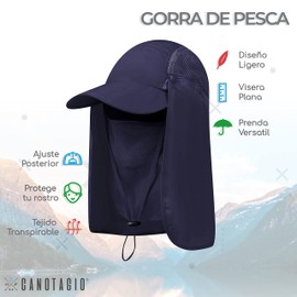 Canotagio Sombrero de Pesca para el Sol. Gorra de Hombre con Solapa y Cubreboca/Bandana Desmontable. Protección UV 50. Gorro para Pescar, Senderismo, Viajar y Deportes Extremos. Fishing Hat (Azul)