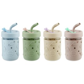 PandaEar 4 Pack Kids & Toddler Glass Cups, Glass Mason Jar Cups 8.45 oz with Silicone Sleeves & Straws, Toddler Spill-Proof Smoothie Cups
