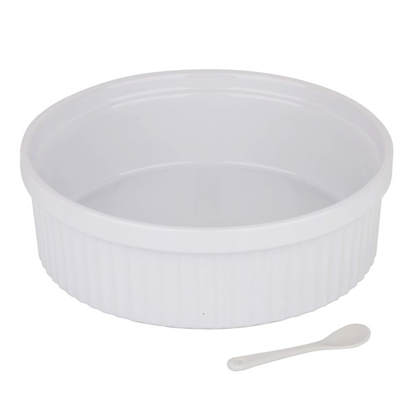 Souffle Dish Ramekins for Baking – 64 Oz, 2 Quart Large Ceramic Oven Safe Round Fluted Bowl with Mini Condiment Spoon for Soufflé Pot Pie Casserole Pasta Roasted Vegetables Baked Desserts (White)