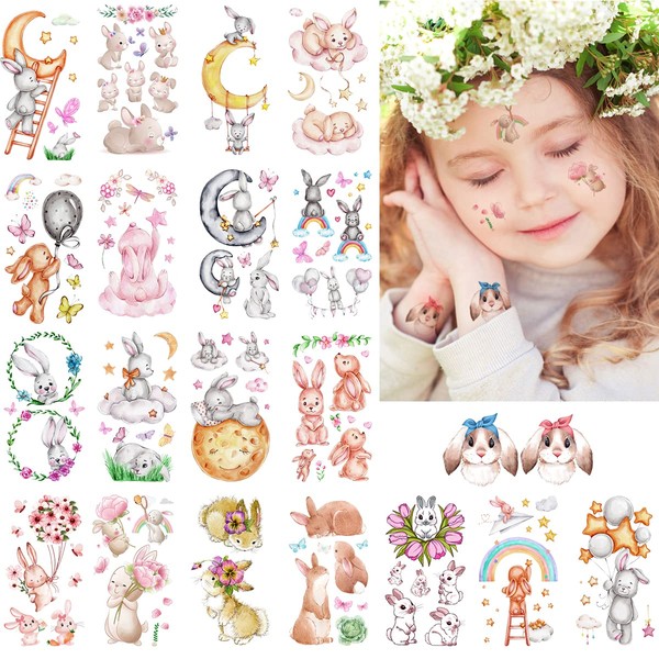 VIWIEU 20pcs Small Tattoo Stickers Rabbit Kids Cute Bunny Body Stickers for Girls and Boys, Kids Rabbit Birthday Party Props Temporary Fancy Dress Costume Stickers, Reward Face Stickers, Christmas