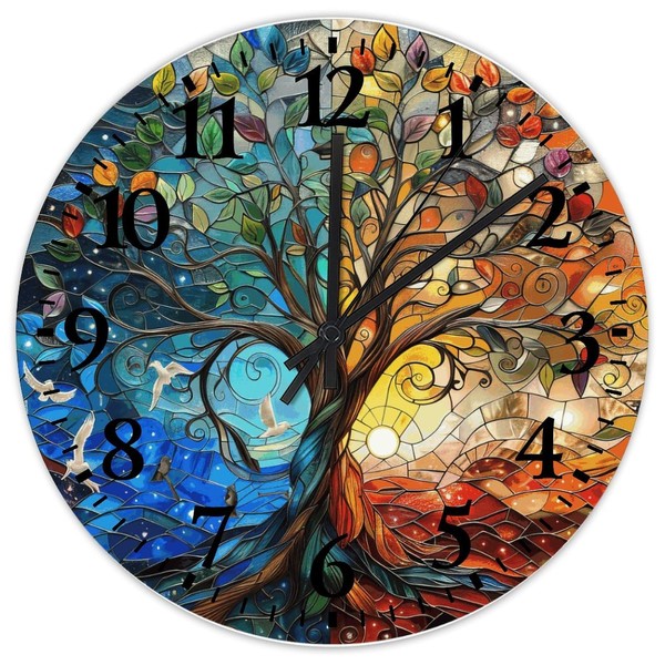 Rustic Tree of Life Stained Glass Wall Clock Silent Non