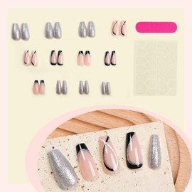 24pcs French Press on Nails Medium Length Fake Nails with Stripe designs Stick on Nails Glitter Full Cover Black False Nails Glue on Nails Glossy Reusable Acrylic Nails for Women Girls Nail Decoration