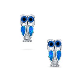 Opalescent Gemstone Blue Created Opal Wide Eye Pet Animal Lucky Wise Bird Owl Stud Earrings For Women Teen .925 Sterling Silver October Birthstone