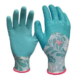 Digz Long Cuff Stretch Knit Garden Gloves with Full Finger Latex Coating | Color: Blue Leaves Pattern | Size: Medium