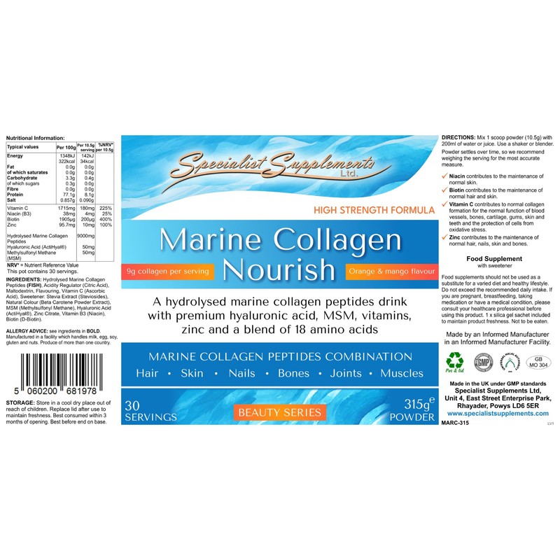 Specialist Supplements Marine Collagen Nourish (Orange & Mango Flavour) Drink