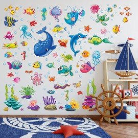 Prabahdak Decorative Fish Wall Stickers Under The Sea Fish and Coral Reef Wall Decals Peel and Stick Watercolor Ocean Creatures Wall Decor for Kid Baby Nursery Bedroom Bathroom Bedroom Living Room