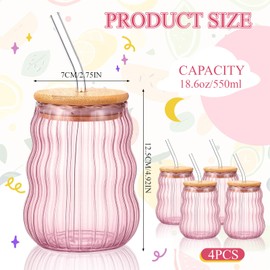 Maxdot 4 Pcs 18oz Ribbed Glasses with Bamboo Lids and Straws Pink Ribbed Glass Cups Stackable Cups Vintage Water Tumbler for Drinking Juice Beer Coffee Tea Cocktail